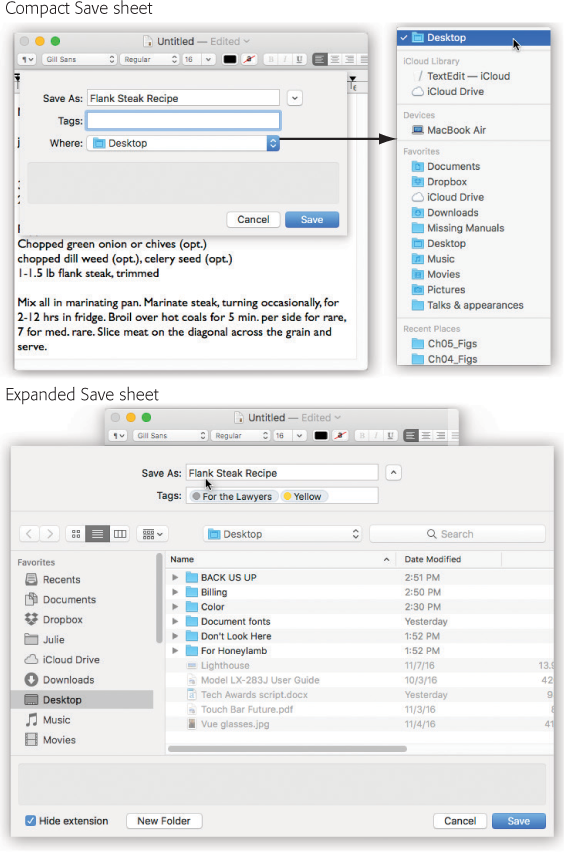Top left: The Save dialog box, or sheet, often appears in its compact form.