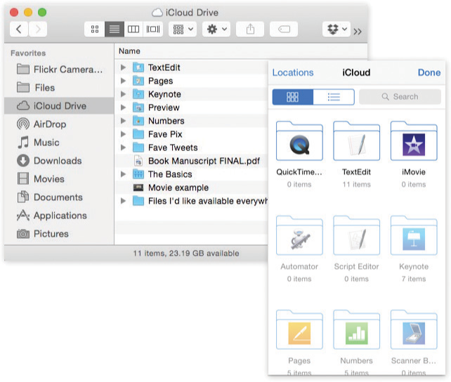 Left: The iCloud Drive icon appears in the Sidebar of every Finder window and Save/Open dialog box.