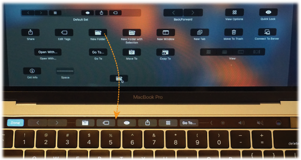 When the Customize dialog box is on the screen, you can move, delete, or add buttons on the Touch Bar. All the existing buttons begin gently wiggling to indicate that they’re movable or deletable.