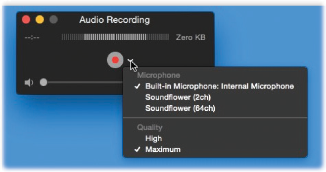 There’s a lot going on in this tiny window. The pop-up menu lets you choose audio quality and audio input. As you record, you see a VU meter (audio level) and an indication of the recording’s length and file size.