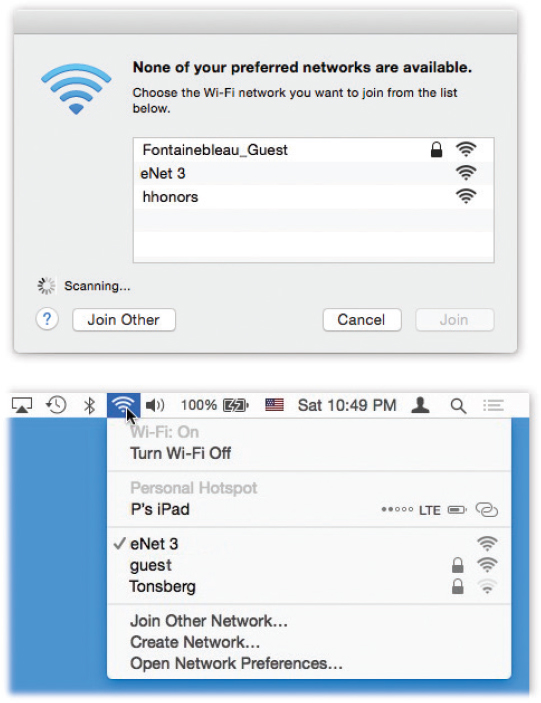 Top: Congratulations—your Mac has discovered new Wi-Fi hotspots all around you! You even get to see the signal strength right in the menu. Double-click one to join it. But if you see a