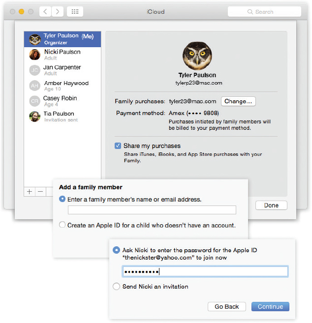 Top: The iCloud pane of System Preferences is the central hub of Family Sharing planning. The setup process involves a bunch of dialog boxes, but at least you have to walk through them only once.