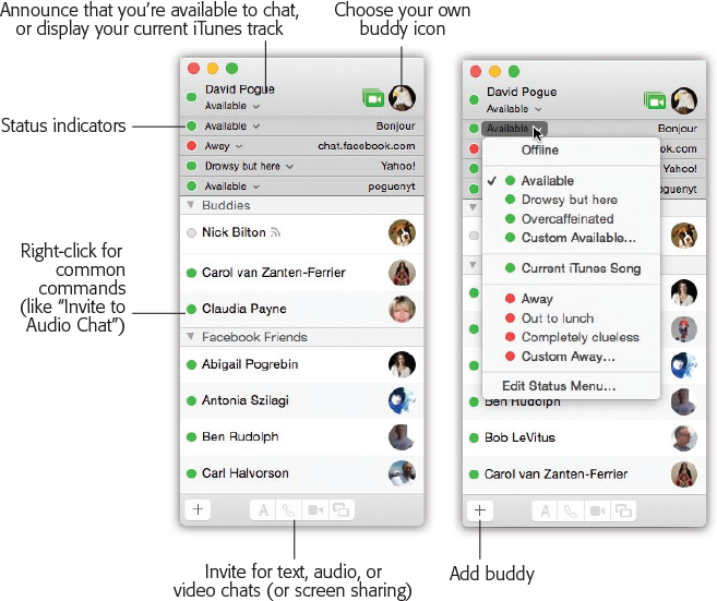Left: The buddies list combines all your contacts from all chat services. Each chat account has its own status menu at the top.