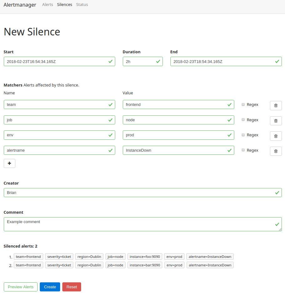 Alertmanager New Silence page