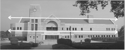 Figure 1.4 Horizontal graphic vector. This shot of the library at Immaculata University exhibits a predominantly horizontal graphic vector, that is stable and balanced, punctuated by a few vertical elements. Source: Ruhrfisch / Wikimedia Commons / CC BY-SA.