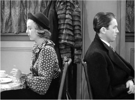 Figure 1.24 Diverging index vectors. Staging characters facing away from each other produces diverging index vectors. In The Shop Around the Corner (Lubitsch, 1940) the index vectors of Alfred Kralik (James Stewart) and Klara Novak (Margaret Sullavan) initially diverge – but only briefly – as he playfully tries to keep their conversation going. Source: Copyright 1940 Metro-Goldwyn-Mayer.