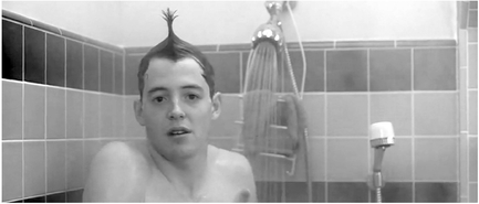 Figure 1.38 Cutting from a “zero-directionality” z-axis outgoing shot . . . Ferris Bueller is in the shower addressing the camera, creating a z-axis, “zero directionality” vector field. Herbert Zettl argues that the neutrality of the outgoing shot . . .