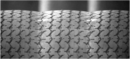 Figure 4.5 Tire triptych in Grand Prix. In Grand Prix, Saul Bass takes the vertical graphic element of the tire and multiplies it into a triptych. Source: Copyright 1966 Metro-Goldwyn-Mayer.