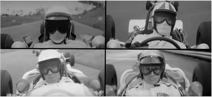 Figure 4.8 Grand Prix: Four panel shot as a structuring device. Returning to the four panel shot becomes a marker of the beginning of sequences that show each driver’s individual struggle to win the race. Source: Copyright 1966 Metro-Goldwyn-Mayer.