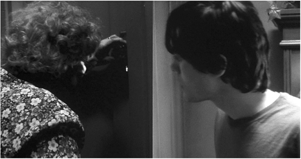 Figure 4.9 Splitscreen in Requiem for a Dream. By simultaneously presenting the mother’s fear and the son’s rage, director Daniel Aronofsky makes their estrangement and isolation visually explicit as addiction takes over both their lives in Requiem for a Dream. Source: Copyright 2000 Artisan Entertainment.