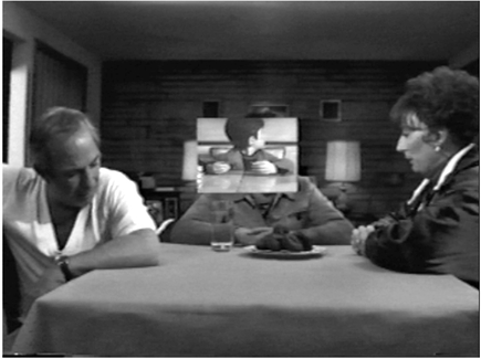 Figure 4.10 Buf falo ’66: successive events, simultaneous presentation. The difficulty of presenting successive events simultaneously is suggested by this weirdly rendered scene, where the transition is the scene. Source: Copyright 1998 Lionsgate Films.