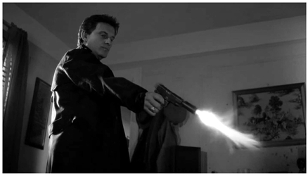Figure 4.21 Goodfellas: multiple enactment, single recounting in the murder of “Stacks”. By avoiding the conventional Hollywood “flashback markers” and using slow motion, the frequency of the narrative event dominates in this immediate replay of Tommy (Joe Pesci) shooting Stacks (Samuel L. Jackson), like a football play that is dissected by a sports announcer. Source: Copyright 1990 Warner Bros.