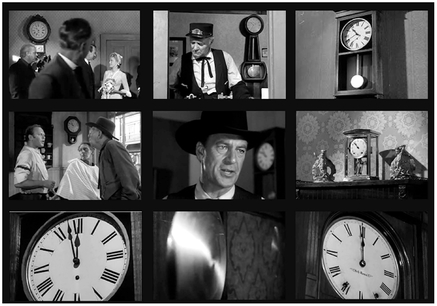 Figure 4.22 High Noon (Zinnemann, 1952): clock motif reinforces equivalent syuzhet and screen durations. Clocks are a significant motif in the film, as Marshal Will Kane (Gary Cooper) awaits the arrival of Frank Miller (Ian McDonald) on the noon train. The syuzhet duration and screen duration are both 85 minutes, but the fabula duration is longer: we learn that it was Kane who previously sent Frank Miller to jail. Source: Copyright 1952 United Artists.