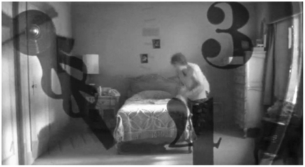 Figure 4.26 Requiem for a Dream: fast motion (reduction through compression of the syuzhet). Director Daniel Aronofsky marks a fast motion sequence with a close shot of clock hands speeding around the dial before dissolving to a long shot of Sara erratically jumping around her bedroom cleaning. Source: Copyright 2000 Artisan Entertainment.
