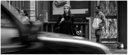 Figure 4.29 The Devil Wears Prada: in-camera wipe, the outgoing shot. Long focal length lenses give editors the opportunity to create in-camera wipes, where something crossing the foreground covers the frame . . .