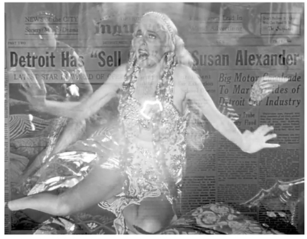 Figure 5.2 Hollywood montage in Citizen Kane. Susan Alexander’s disastrous opera career and her descent into a suicide attempt is summarized with a series of newspaper headlines, shots of her performance and a flashing stage lamp. Source: Copyright 1941 RKO Radio Pictures.