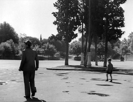 Figure 6.4 Bicycle Thieves (De Sica, 1948): tracking shot and relative position. De Sica used the tracking shot showing the relative position of Bruno searching with his father as an emotional barometer of the state of their feelings towards each other. Source: Copyright 1948 Ente Nazionale Industrie Cinematografiche.