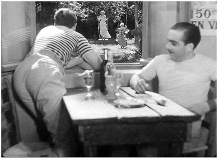 Figure 6.12 A Day in the Country (Jean Renoir, 1936): creative staging in depth. Bazin admired the work of Jean Renoir for his creative staging in deep focus scenes like this one, where two men open a window to watch a young girl swinging outside. Bazin sees the scene’s movement in the opposite direction: “The opening of the shutters ushers in both joy and desire. Renoir’s lens allows this to happen naturally without disturbing the space or time.” Source: Copyright 1950 Joseph Burstyn Inc.