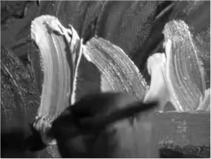 Figure 8.10 Internal rhythm: the close up in “Life Lessons” (Scorsese, 1989). The close framing in this sequence ensures that the motion vectors of Lionel Dobie’s (Nick Nolte) hand, aggressively painting his canvas, are essentially mapped “stroke for stroke” across the film screen, an intensification of the brush’s primary motion. Source: Copyright 1989 Buena Vista Pictures.