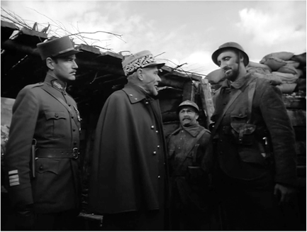 Figure 8.11 Internal rhythm: reverse dolly in Paths of Glory (Kubrick, 1957). The tempo of both character and camera movement in this long take is deliberate and unhurried, with pauses as General Mireau (George Macready) stops to converse with the troops. The ebb and flow between movement and conversation is adeptly captured by the reverse dolly which simply takes its cue from the pattern of Mireau’s movements. Source: Copyright 1957 United Artists.