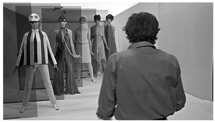 Figure 8.16 Internal rhythm: repeated forms in Blowup (Antonioni, 1966). Antonioni organizes the repeated form of the tinted glass panels in this scene of a fashion shoot. He carefully places the models so they are “cut” in half lengthwise by the panels’ edge, generating a controlled, plastic composition where the women’s bodies read almost like cut out “paper dolls.” Source: Copyright 1966 Metro-Goldwyn-Mayer.