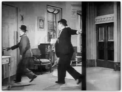 Figure 8.18 External rhythm: humorous wipe in Thicker Than Water (Horne, 1935). At three points in this film, Laurel and Hardy interact with the borders of the film frame, literally “dragging” the wipe border and incoming shot across the frame in order to change the scene. This is graphication where the screen image is deliberately rendered as a two-dimensional graphic. Here, the technique is used to “break the fourth wall,” part of a longstanding Hollywood strategy to keep cinema a “perpetual novelty.” Source: Copyright 1935 Metro-Goldwyn-Mayer.