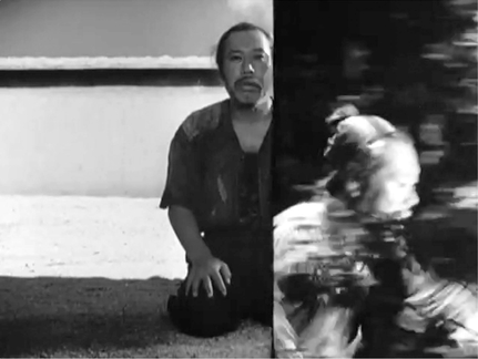 Figure 8.19 External rhythm: the wipe in Rashomon (Kurosawa, 1950). As the woodcutter (Takashi Shimura) runs through the underbrush in fear, Kurosawa wipes to a fixed medium shot of him testifying about what happened as he kneels to face his inquisitor. In this instance, the wipe edge follows behind the runner leading to the incoming shot, matching his primary motion in direction and speed. Source: Copyright 1950 Daiei Film.