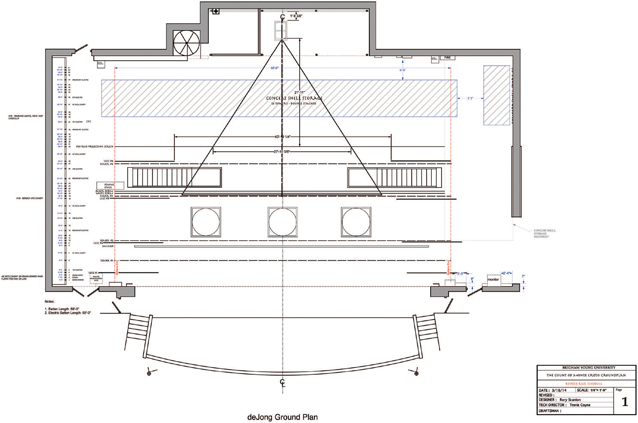 Figure 3.9 Sample projector placement ground plan for Count of Monte Cristo by Frank Wildhorn and Jack Murphy (Brigham Young University Mainstage, 2015)