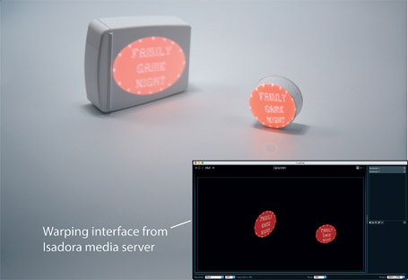 Figure 5.44 A single projector creates discrete areas of video mapped onto separate surfaces. Note the image on the left is out of focus because of depth of field on the camera, not necessarily because of the projected focal planes.