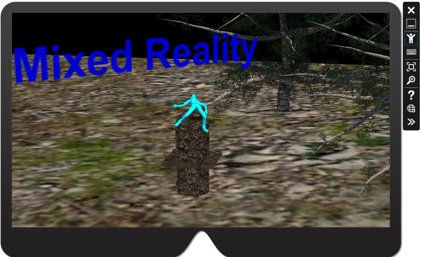A screenshot showing the UnityBasics app the reader will develop in this chapter. The scene of the app is composed of a plane representing the ground, a custom 3D object, trees, a character, and 3D text.