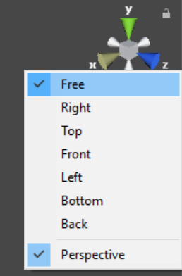 A screenshot showing the Scene gizmo context menu with the Free and Perspective options selected and the Free item highlighted.