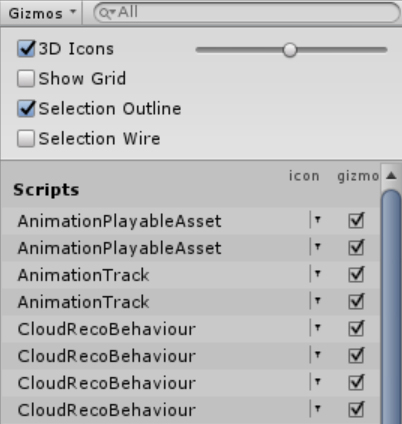 A screenshot showing the top part of the Gizmos menu. The top part contains four checkboxes (3D Icons, Show Grid, Selection Outline, Selection Wire). The bottom part shows a fragment of the Scripts list.
