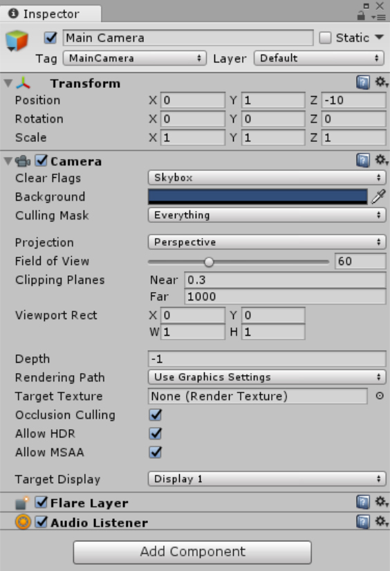 A screenshot showing the Inspector window with a list of configurable options for the main camera object.