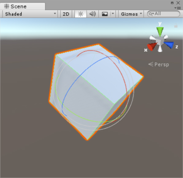 A screenshot that shows the Rotate gizmo handle that appears when you rotate an object using Rotate tool.