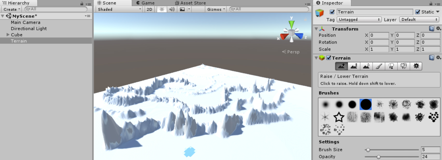 A screenshot showing terrain created in Unity