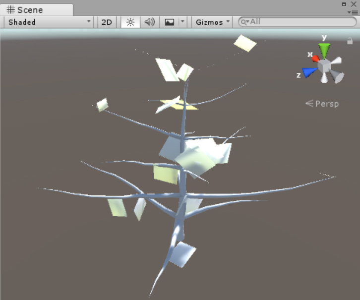 A screenshot showing a tree created with the Tree Editor. The tree contains one root branch and several secondary branches, each with several leaves. These are represented as planes.