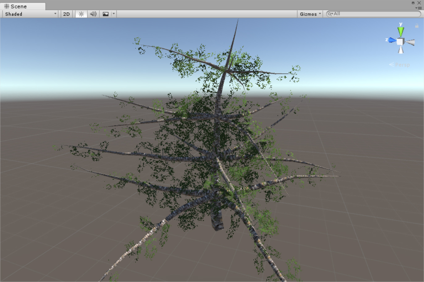 A screenshot showing the final version of a tree with materials applied, to be compared with the tree without the materials applied in Figure 9-32.