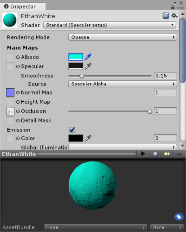 A screenshot showing the properties of the modified Ethan material. The window contains two parts: a list of properties (top) and a material preview (bottom). The preview shows a cyan sphere.