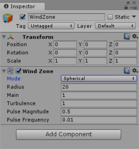 A screenshot showing the properties of a wind zone object. The Mode setting is Spherical, the Radius setting is 20, the Main and Turbulence settings are 1, the Pulse Magnitude setting is 0.5, and the Pulse Frequency setting is 0.01.