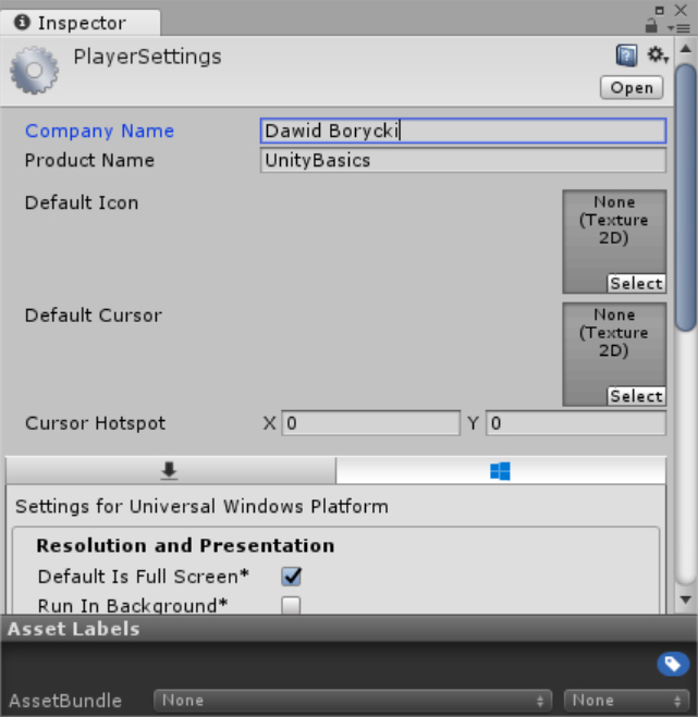 A screenshot showing the part of the PlayerSettings Inspector window where you can note the company and product name. The company name is set to Dawid Borycki and the product name is UnityBasics.