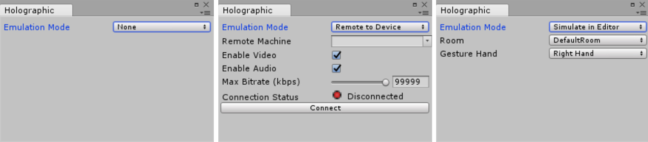 A screenshot showing three instances of the Holographic window in Unity. Each instance presents the options for one of the available emulation modes: None (left), Remote to Device (center), and Simulate to Editor (right).
