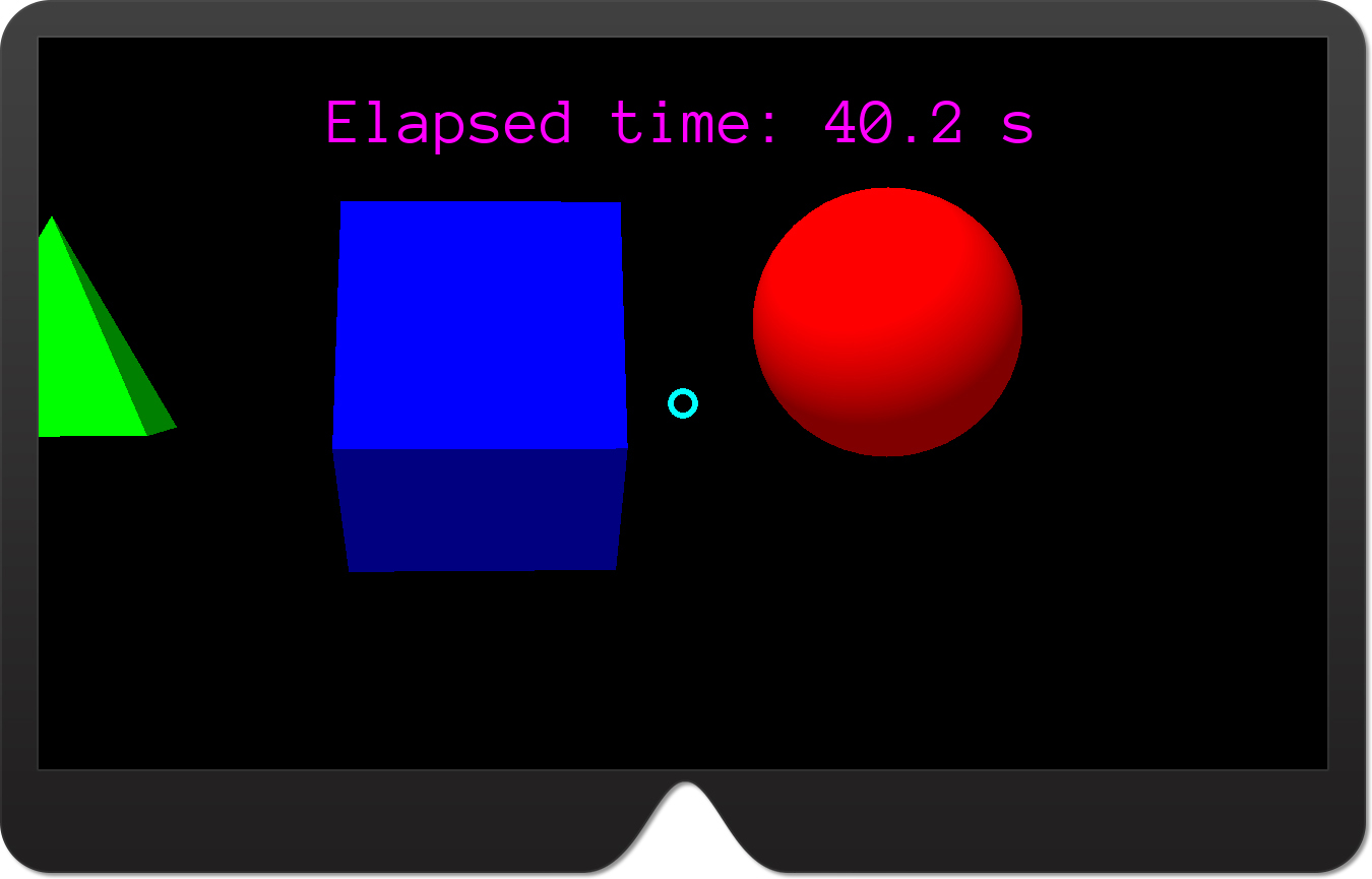 A screenshot showing the ExploringUrhoSharp app with the gaze indicator—a small cyan torus visible between a box and a sphere.
