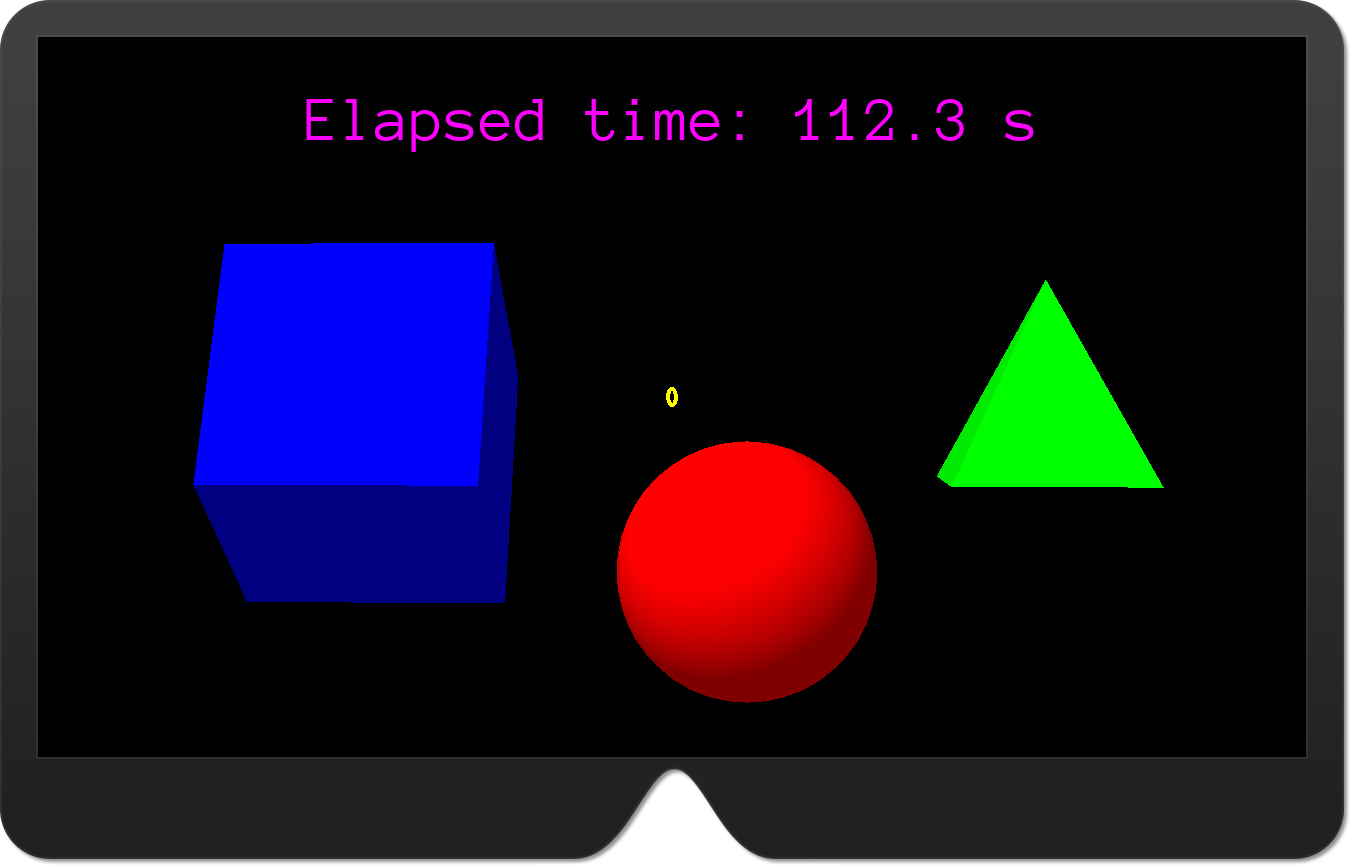 A screenshot of the ExploringUrhoSharp app in which the box is on the left, the sphere is in the middle, and the pyramid is on the right.