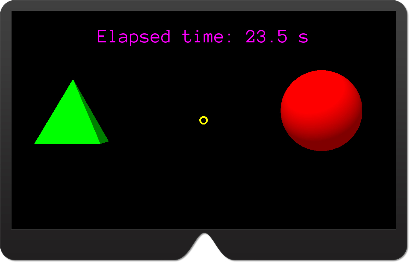 A screenshot of the ExploringUrhoSharp app containing a pyramid and sphere. (The box fell down due to gravity.)