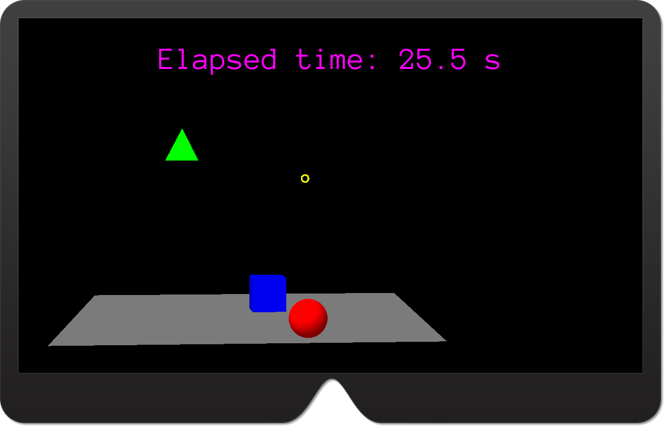 A screenshot of the ExploringUrhoSharp app with four primitive objects: a pyramid, box, sphere, and plane. The box and sphere are on the plane, while the pyramid is below the text.