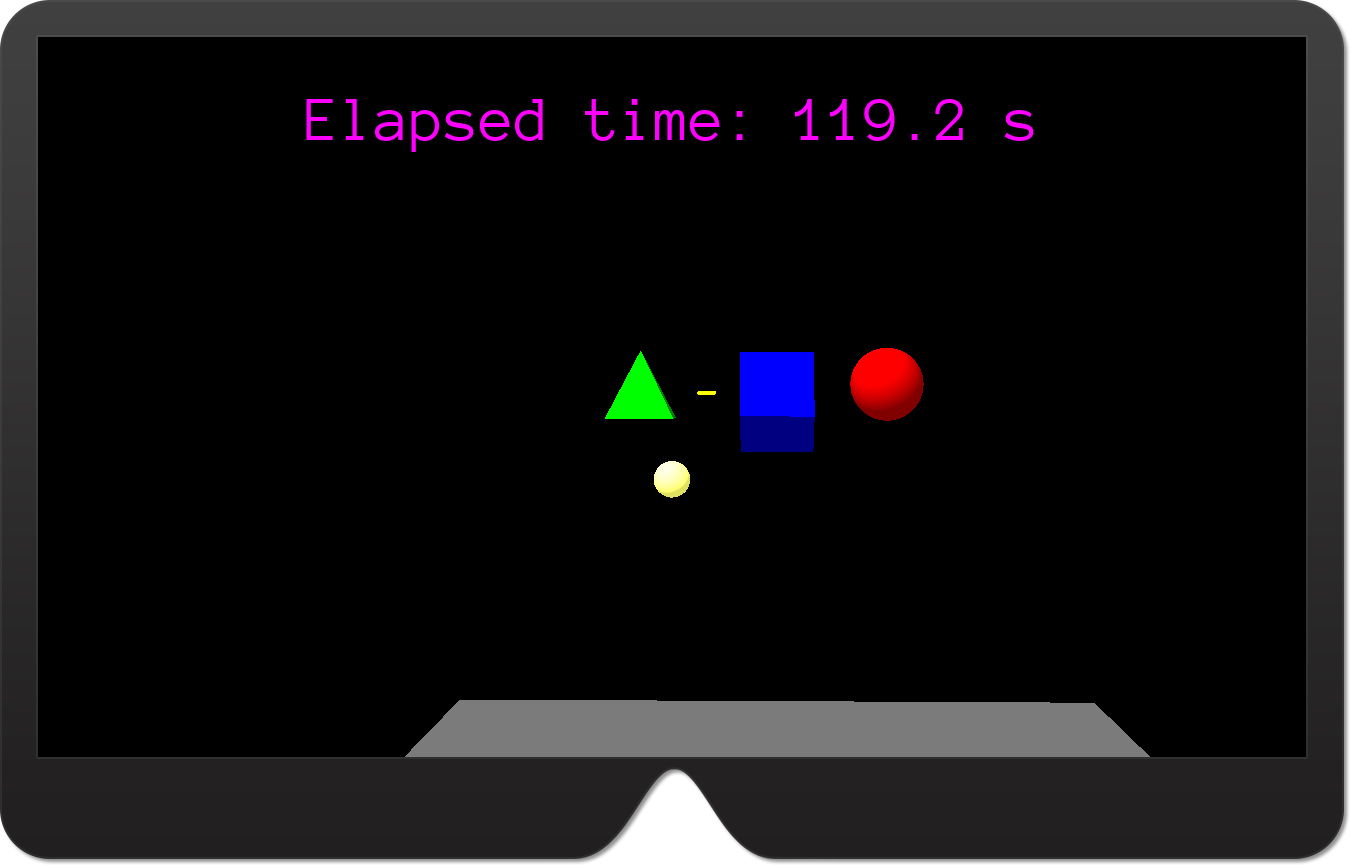 A screenshot of the ExploringUrhoSharp app with a small ball visible below the pyramid. The ball is light-yellow. This was changed after the ball bounced off the sphere.