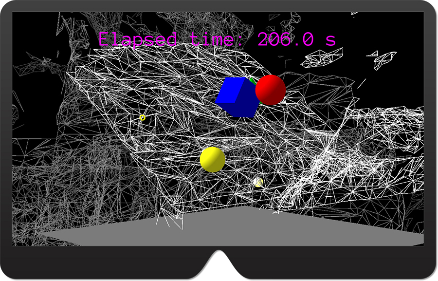 A screenshot showing rendered spatial meshes with the yellow balls bouncing off the plane, other primitives, and the spatial surfaces.