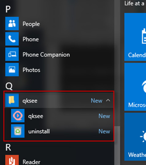 A screenshot of the Windows Start Menu where Win32/Xadupi Trojan creates the QKSee shortcut.