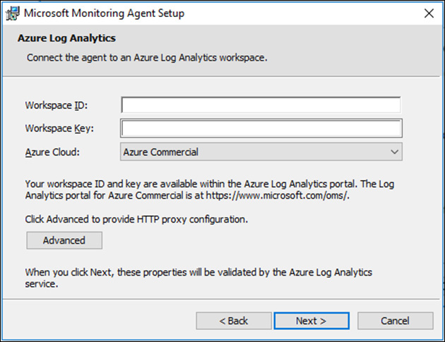 Screenshot of the agent installation where the user needs to provide the workspace ID and the primary key.