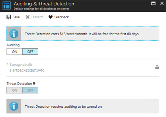 Screenshot of the Auditing & Threat Detection blade with the options to turn these options on or leave them off.